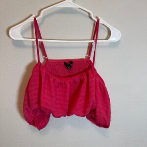 Forever 21 Pink Off Shoulder Crop Top Ruched Blouse‎ Puff Sleeve Medium